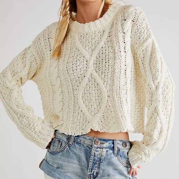 Free People Cropped Chunky Cable Knit Sweater (Cutting Edge Cable Pullover) - Picture 1 of 6